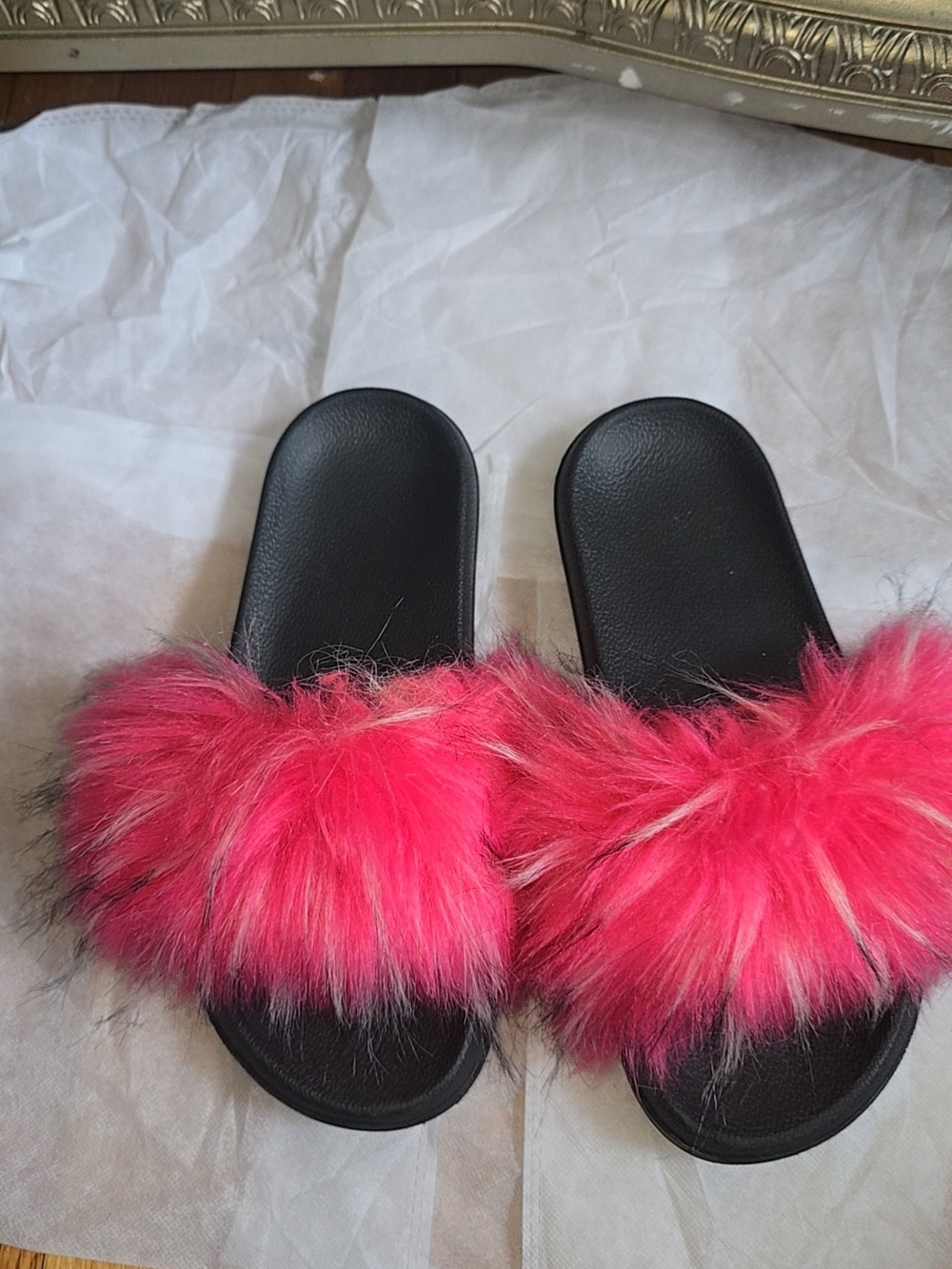 Black Slide Sandals with Hot Pink Faux Fur Trim